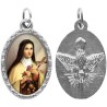 Médaille métal de couleur argentée ovale avec rebord effet dentelle H.2,5 cm avec résine. Disponible avec différents Saints.