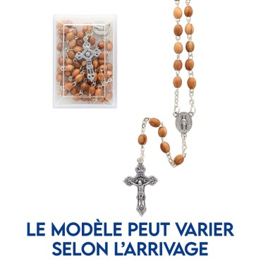Chapelet en bois d'olivier, chaine et croix avec Christ, grains Ø 6 mm . Livré en boite.