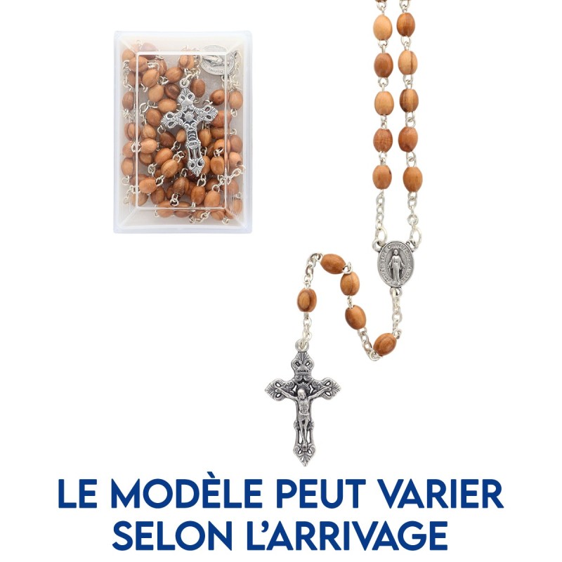 Chapelet en bois d'olivier, chaine et croix avec Christ, grains Ø 6 mm . Livré en boite.