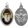 Médaille métal de couleur argentée ovale avec rebord effet dentelle H.2,5 cm avec résine. Disponible avec différents Saints.