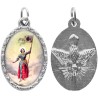 Médaille métal de couleur argentée ovale avec rebord effet dentelle H.2,5 cm avec résine. Disponible avec différents Saints.