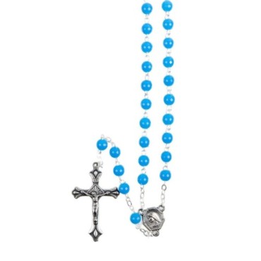 Rosaire 20 dizaines grains plastique, Ø 7 mm, chaine couleur argentee, longueur au cœur 114 cm, croix avec Christ.