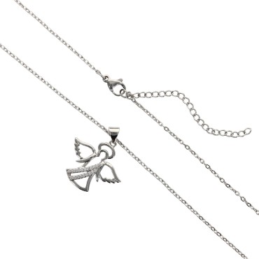 Collier avec chaine L.45 cm réglable jusqu'à 50cm avec ange strass H.2 cm en acier inoxydable argenté, livrée en pochette
