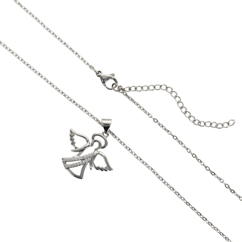 Collier avec chaine L.45 cm réglable jusqu'à 50cm avec ange strass H.2 cm en acier inoxydable argenté, livrée en pochette