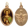 Médaille métal de couleur dorée ovale avec rebord effet dentelle H.2.5 cm avec résine. Disponible avec différents saints.
