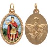 Médaille métal de couleur dorée ovale avec rebord effet dentelle H.2.5 cm avec résine. Disponible avec différents saints.