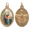 Médaille métal de couleur dorée ovale avec rebord effet dentelle H.2.5 cm avec résine. Disponible avec différents saints.