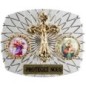Plaque auto rectangle H. 3,5 x 4 cm arrondie en alu striée avec croix plus 2 résines, plusieurs saints.