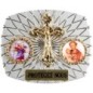 Plaque auto rectangle H. 3,5 x 4 cm arrondie en alu striée avec croix plus 2 résines, plusieurs saints.
