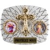 Plaque auto rectangle H. 3,5 x 4 cm arrondie en alu striée avec croix plus 2 résines, plusieurs saints.