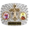 Plaque auto rectangle H. 3,5 x 4 cm arrondie en alu striée avec croix plus 2 résines, plusieurs saints.