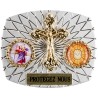 Plaque auto rectangle H. 3,5 x 4 cm arrondie en alu striée avec croix plus 2 résines, plusieurs saints.