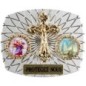 Plaque auto rectangle H. 3,5 x 4 cm arrondie en alu striée avec croix plus 2 résines, plusieurs saints.