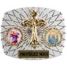 Plaque auto rectangle H. 3,5 x 4 cm arrondie en alu striée avec croix plus 2 résines, plusieurs saints.