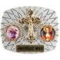Plaque auto rectangle H. 3,5 x 4 cm arrondie en alu striée avec croix plus 2 résines, plusieurs saints.