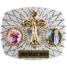 Plaque auto rectangle H. 3,5 x 4 cm arrondie en alu striée avec croix plus 2 résines, plusieurs saints.
