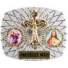 Plaque auto rectangle H. 3,5 x 4 cm arrondie en alu striée avec croix plus 2 résines, plusieurs saints.