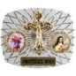 Plaque auto rectangle H. 3,5 x 4 cm arrondie en alu striée avec croix plus 2 résines, plusieurs saints.