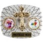 Plaque auto rectangle H. 3,5 x 4 cm arrondie en alu striée avec croix plus 2 résines, plusieurs saints.