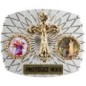 Plaque auto rectangle H. 3,5 x 4 cm arrondie en alu striée avec croix plus 2 résines, plusieurs saints.