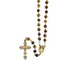 Chapelet grains œil de tigre, Ø 7 mm, chaine couleur dorée, longueur au cœur 32 cm, croix avec Christ. Livré en boite.