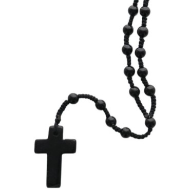 Chapelet sur corde grains en pierre Ø 7 mm, longueur au cœur 30 cm, croix pierre. Differentes pierres.