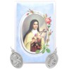 Medaille metal couleur argentee forme ovale H. 2,2 cm dans pochette avec image. Plusieurs saints