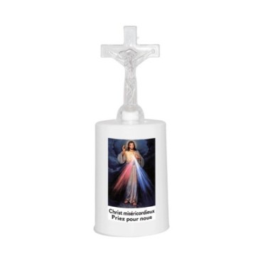 Lumignon blanc a piles H. 13,5 cm avec croix, plusieurs saints