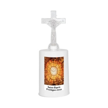 Lumignon blanc a piles H. 13,5 cm avec croix, plusieurs saints