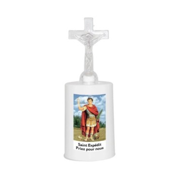Lumignon blanc a piles H. 13,5 cm avec croix, plusieurs saints