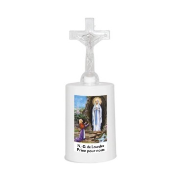 Lumignon blanc a piles H. 13,5 cm avec croix, plusieurs saints