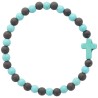 Bracelet sur élastique grains bois de santal et turquoise synthétique, Ø 6 mm avec croix.