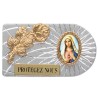 Plaque auto rectangle en aluminium strie, dimensions 2,4 x 4 cm, ornee d une rose. Differents Saints