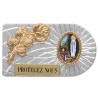 Plaque auto rectangle en aluminium strie, dimensions 2,4 x 4 cm, ornee d une rose. Differents Saints