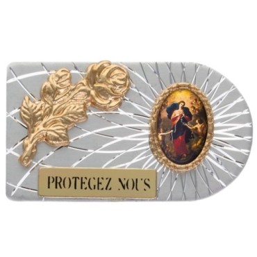 Plaque auto rectangle en aluminium strie, dimensions 2,4 x 4 cm, ornee d une rose. Differents Saints
