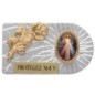 Plaque auto rectangle en aluminium strie, dimensions 2,4 x 4 cm, ornee d une rose. Differents Saints