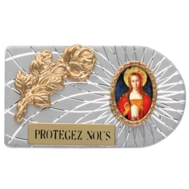 Plaque auto rectangle en aluminium strie, dimensions 2,4 x 4 cm, ornee d une rose. Differents Saints