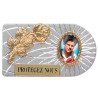 Plaque auto rectangle en aluminium strie, dimensions 2,4 x 4 cm, ornee d une rose. Differents Saints
