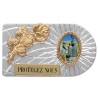 Plaque auto rectangle en aluminium strie, dimensions 2,4 x 4 cm, ornee d une rose. Differents Saints