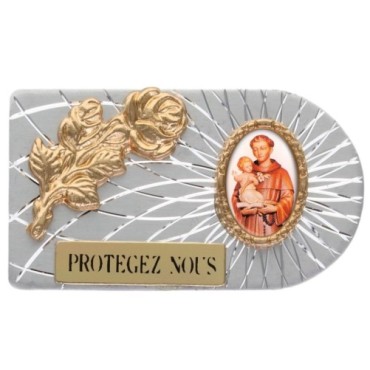 Plaque auto rectangle en aluminium strie, dimensions 2,4 x 4 cm, ornee d une rose. Differents Saints