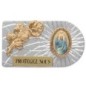Plaque auto rectangle en aluminium strie, dimensions 2,4 x 4 cm, ornee d une rose. Differents Saints