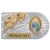 Plaque auto rectangle en aluminium strie, dimensions 2,4 x 4 cm, ornee d une rose. Differents Saints