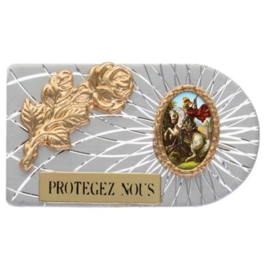 Plaque auto rectangle en aluminium strie, dimensions 2,4 x 4 cm, ornee d une rose. Differents Saints