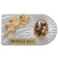 Plaque auto rectangle en aluminium strie, dimensions 2,4 x 4 cm, ornee d une rose. Differents Saints
