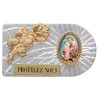 Plaque auto rectangle en aluminium strie, dimensions 2,4 x 4 cm, ornee d une rose. Differents Saints