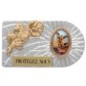 Plaque auto rectangle en aluminium strie, dimensions 2,4 x 4 cm, ornee d une rose. Differents Saints