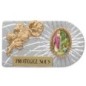 Plaque auto rectangle en aluminium strie, dimensions 2,4 x 4 cm, ornee d une rose. Differents Saints