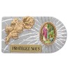 Plaque auto rectangle en aluminium strie, dimensions 2,4 x 4 cm, ornee d une rose. Differents Saints