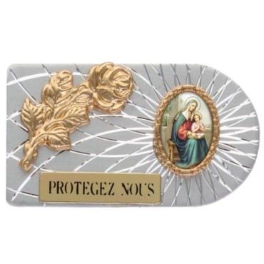 Plaque auto rectangle en aluminium strie, dimensions 2,4 x 4 cm, ornee d une rose. Differents Saints