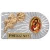 Plaque auto rectangle en aluminium strie, dimensions 2,4 x 4 cm, ornee d une rose. Differents Saints